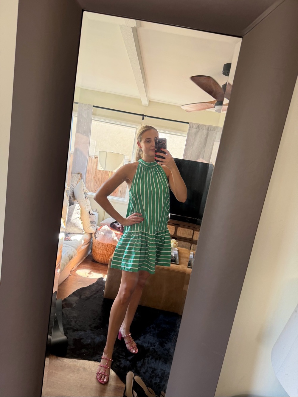 Green Striped Halter Summer Dress